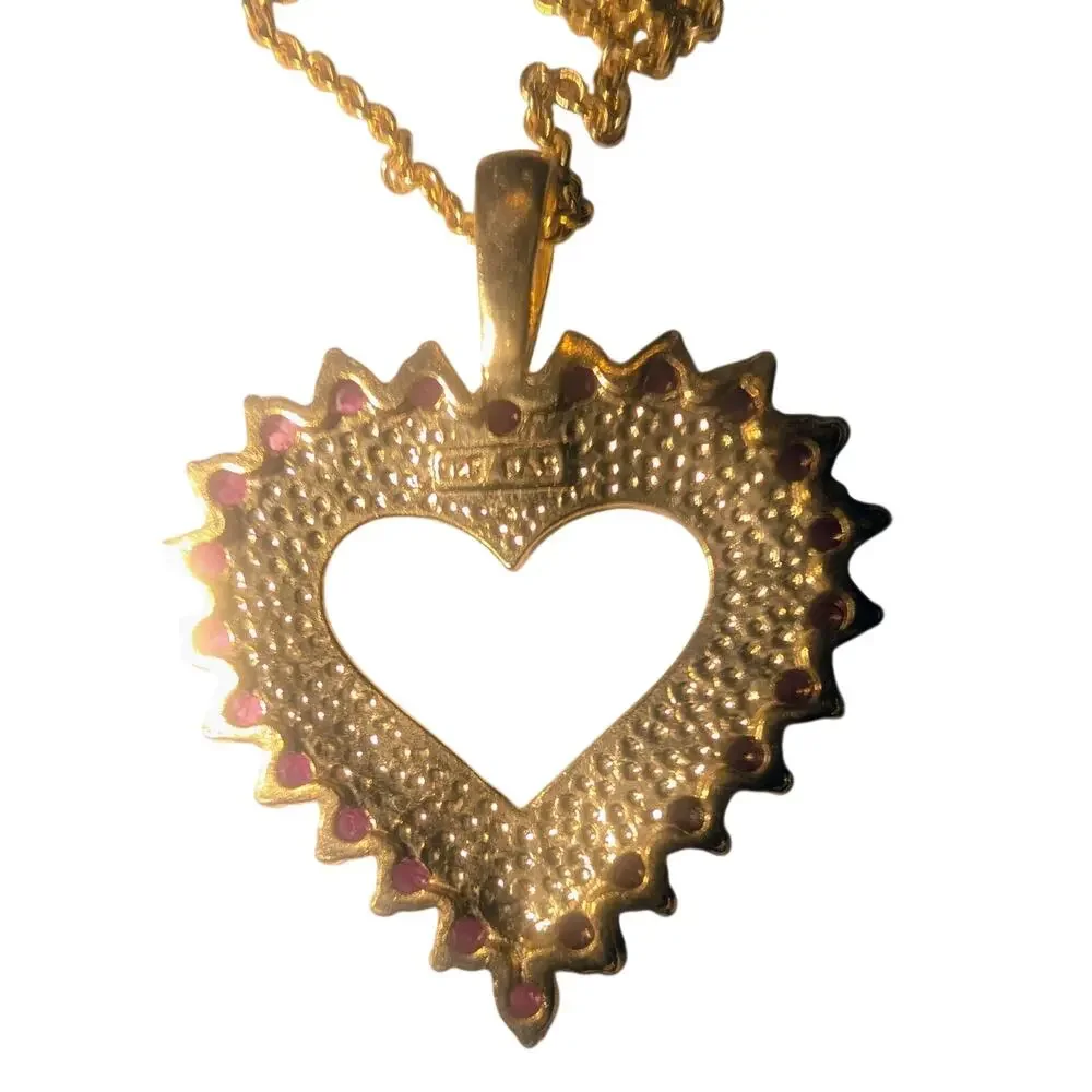 Sterling Silver 925 PAS Heart Pendant Necklace Red Stones Gold Tone 18 Inch